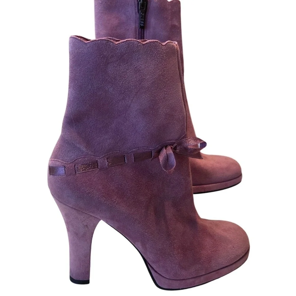 Guess‎ Dora Ankle Boots Pink Suede Bow Detail Block Heel Women's Size 8M